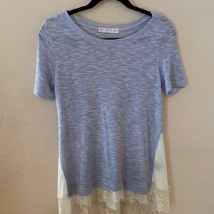 Von Maur light blue blouse with white lace